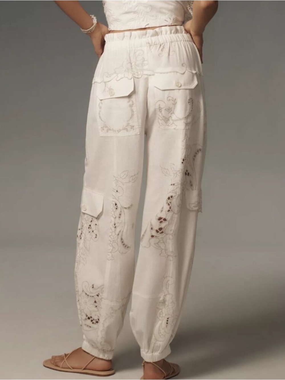 Anthropologie White Embroidered Linen Cargo Joggers for Women size XS - Picture 2 of 9